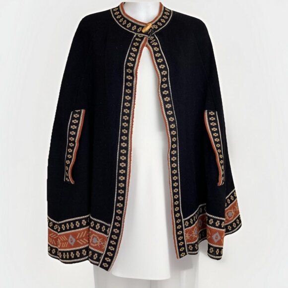 Acrylic Knit Poncho Cape Black with Geometric Trim Vintage 70s Young Canada - Picture 1 of 7